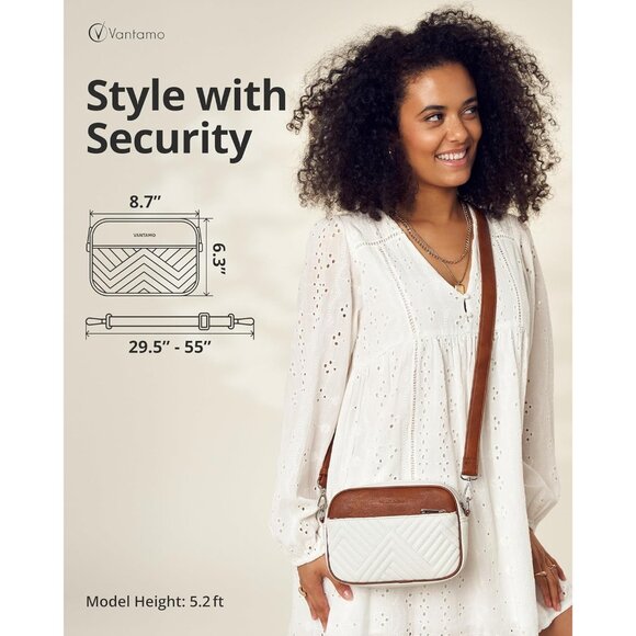 Minimalist White & Brown Crossbody Bag for Women, RFID Blocking, Adjustable Stra - Picture 2 of 7